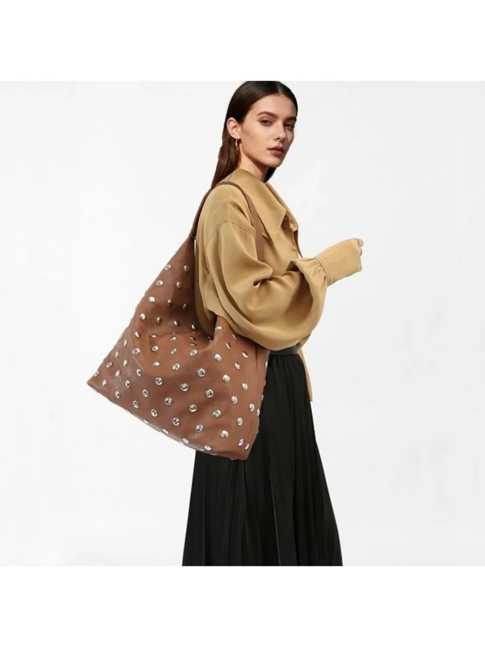 Edgy Vegan Leather Studded Tote Bag | Oversized Slouchy Hobo, Large Capacity